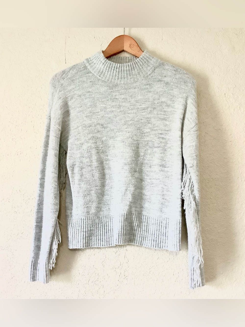 Olivia Sky Light Gray Fringe Sleeve Crewneck Sweater